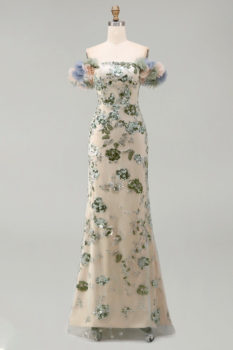 Load image into Gallery viewer, Sparkly Dusty Sage Long Mermaid Beaded Floral Mother of the Bride Dress