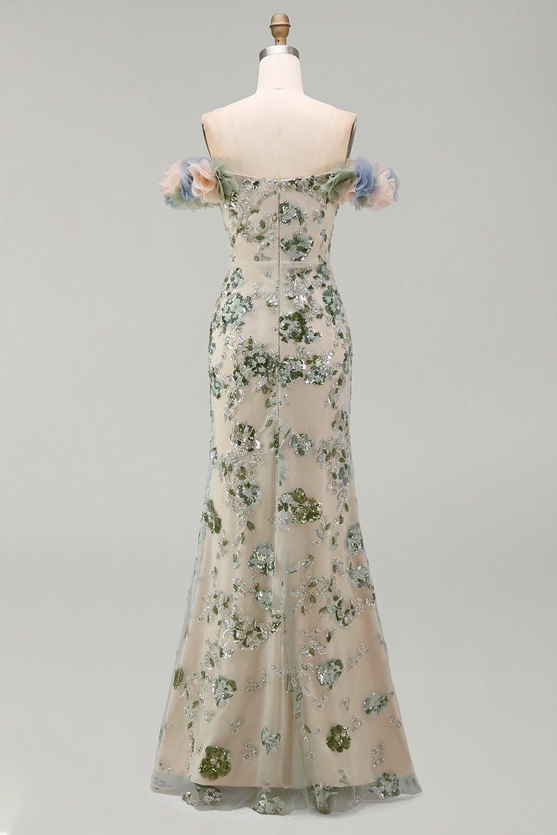 Load image into Gallery viewer, Sparkly Dusty Sage Long Mermaid Beaded Floral Mother of the Bride Dress