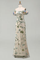 Load image into Gallery viewer, Sparkly Dusty Sage Long Mermaid Beaded Floral Mother of the Bride Dress