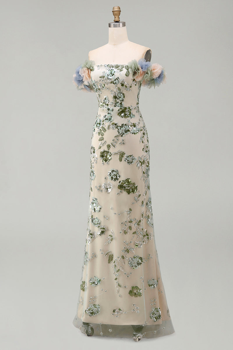 Load image into Gallery viewer, Sparkly Dusty Sage Long Mermaid Beaded Floral Mother of the Bride Dress