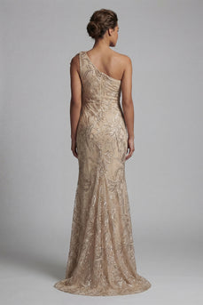 Mermaid Sparkly Champagne Beaded Long Floral Mother of the Bride Dress with Bow