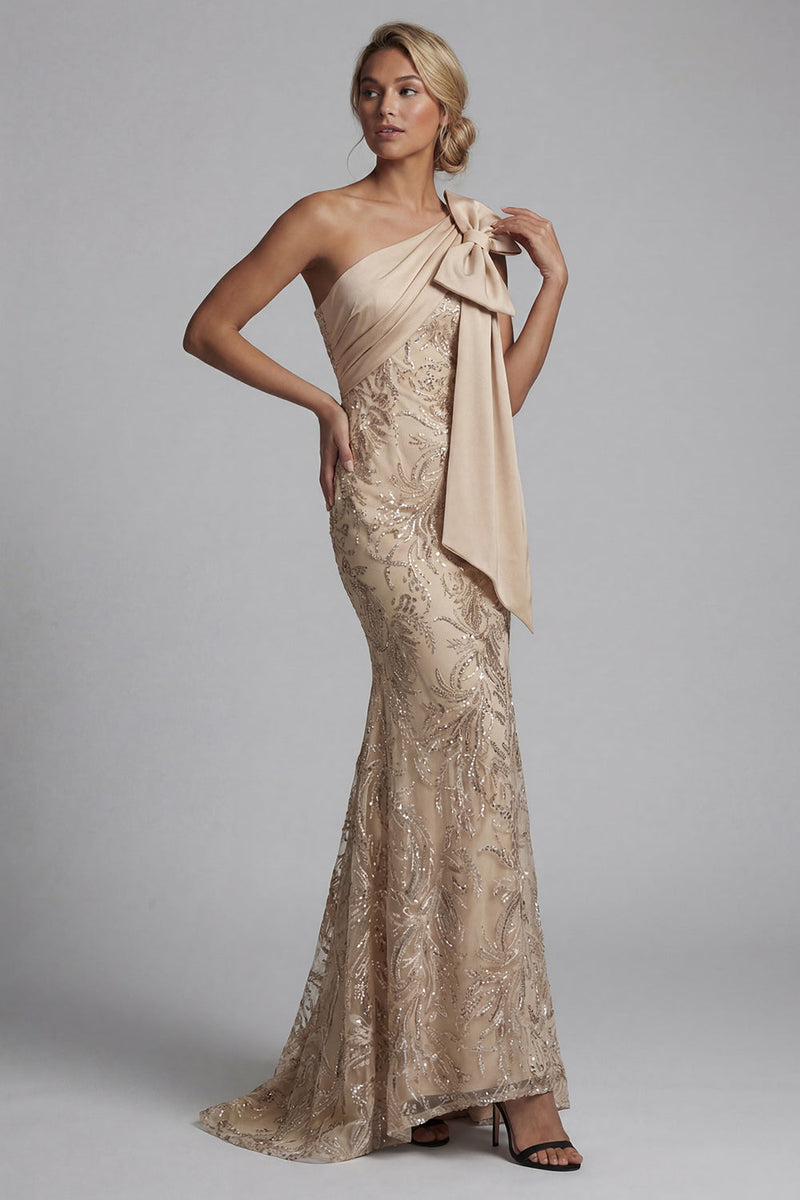 Load image into Gallery viewer, Mermaid Sparkly Champagne Beaded Long Floral Mother of the Bride Dress with Bow
