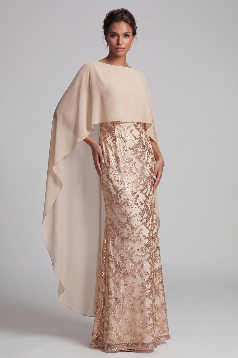 Load image into Gallery viewer, Sparkly Floral Long Mermaid Champagne Beaded Mother of the Bride Dress with Cape