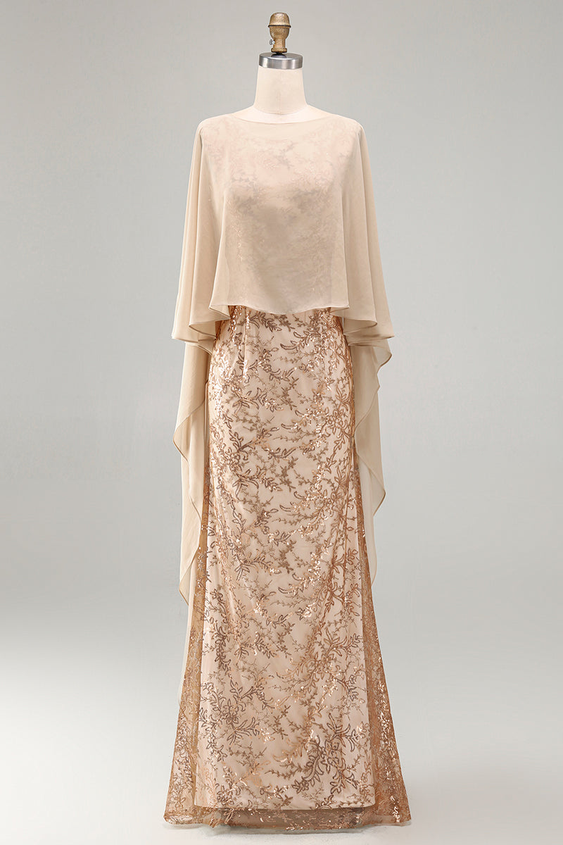 Load image into Gallery viewer, Sparkly Floral Long Mermaid Champagne Beaded Mother of the Bride Dress with Cape