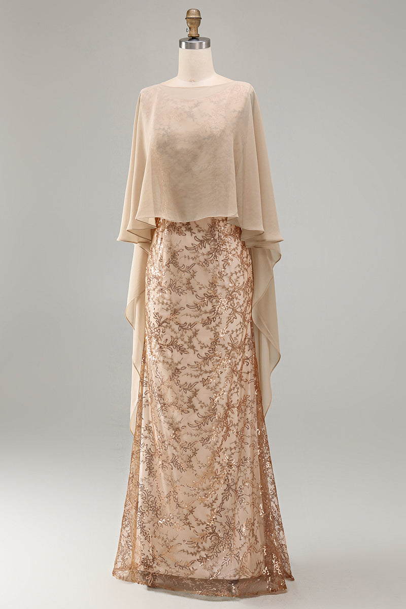 Load image into Gallery viewer, Sparkly Floral Long Mermaid Champagne Beaded Mother of the Bride Dress with Cape