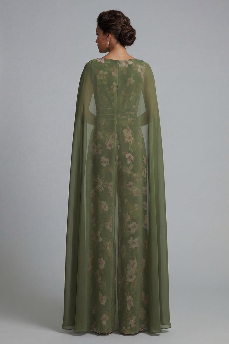 Load image into Gallery viewer, V-Neck Eucalyptus Ruched Floral Mother of the Bride Jumpsuits with Pockets