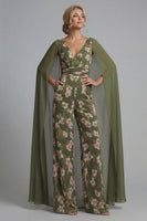 Load image into Gallery viewer, V-Neck Eucalyptus Ruched Floral Mother of the Bride Jumpsuits with Pockets