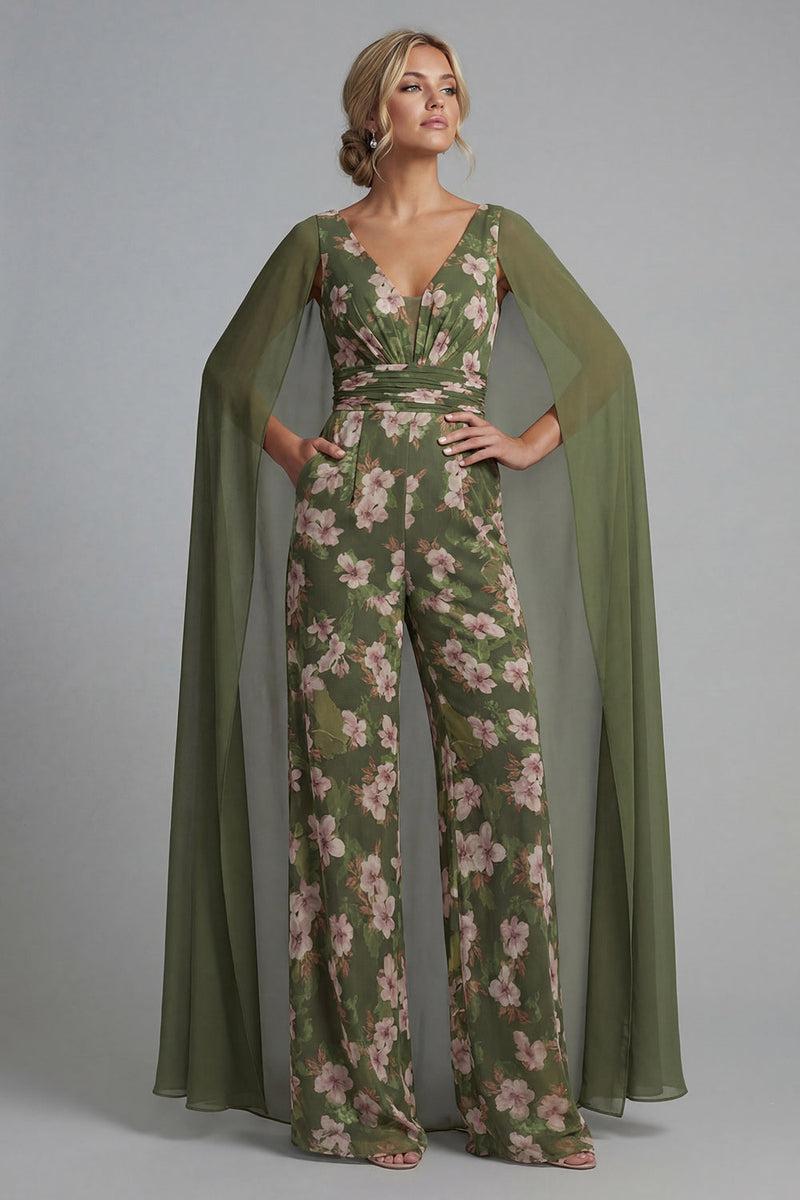 Load image into Gallery viewer, V-Neck Eucalyptus Ruched Floral Mother of the Bride Jumpsuits with Pockets