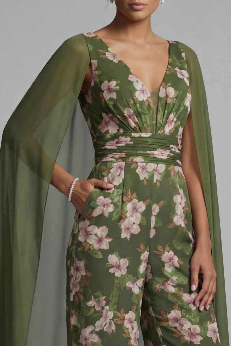 Load image into Gallery viewer, V-Neck Eucalyptus Ruched Floral Mother of the Bride Jumpsuits with Pockets