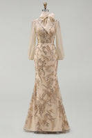 Load image into Gallery viewer, Sparkly Long Beaded Floral Mermaid Champagne Mother of the Bride Dress with Bow