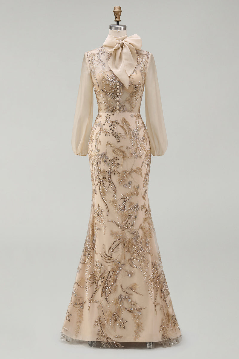 Load image into Gallery viewer, Sparkly Long Beaded Floral Mermaid Champagne Mother of the Bride Dress with Bow