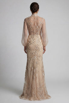 Sparkly Long Beaded Floral Mermaid Champagne Mother of the Bride Dress with Bow