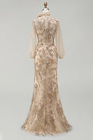 Load image into Gallery viewer, Sparkly Long Beaded Floral Mermaid Champagne Mother of the Bride Dress with Bow