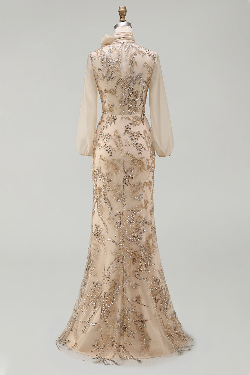 Load image into Gallery viewer, Sparkly Long Beaded Floral Mermaid Champagne Mother of the Bride Dress with Bow
