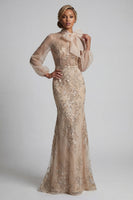Load image into Gallery viewer, Queendancer Women Sparkly Champagne Floral Long Mother of the Bride Dress with Bow Mermaid Beaded Long Sleeves Evening Dress
