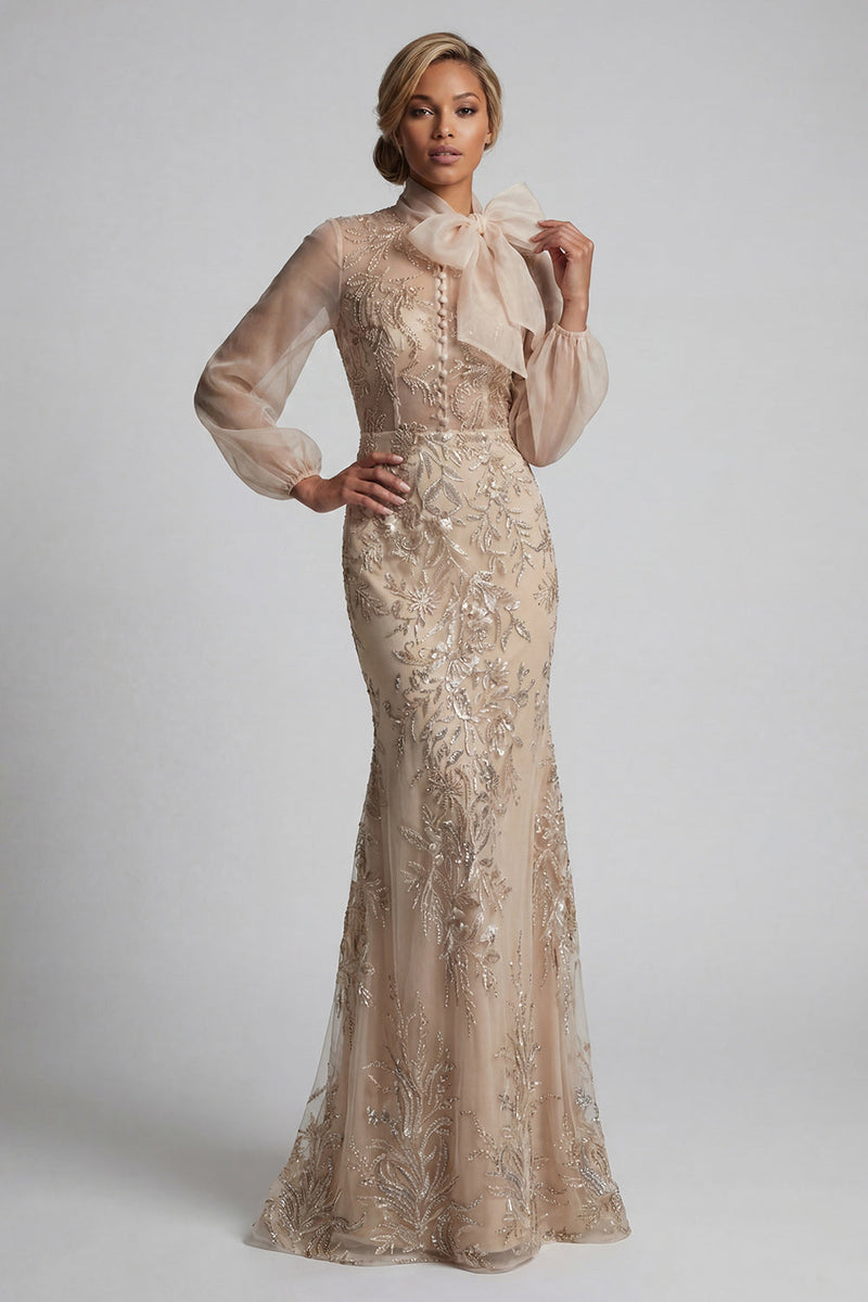 Load image into Gallery viewer, Queendancer Women Sparkly Champagne Floral Long Mother of the Bride Dress with Bow Mermaid Beaded Long Sleeves Evening Dress