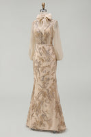 Load image into Gallery viewer, Sparkly Long Beaded Floral Mermaid Champagne Mother of the Bride Dress with Bow