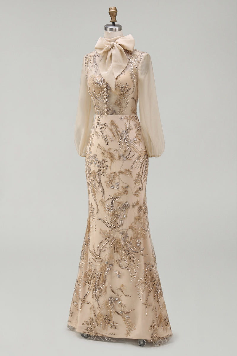 Load image into Gallery viewer, Sparkly Long Beaded Floral Mermaid Champagne Mother of the Bride Dress with Bow