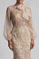 Load image into Gallery viewer, Sparkly Long Beaded Floral Mermaid Champagne Mother of the Bride Dress with Bow