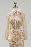 Load image into Gallery viewer, Sparkly Long Beaded Floral Mermaid Champagne Mother of the Bride Dress with Bow
