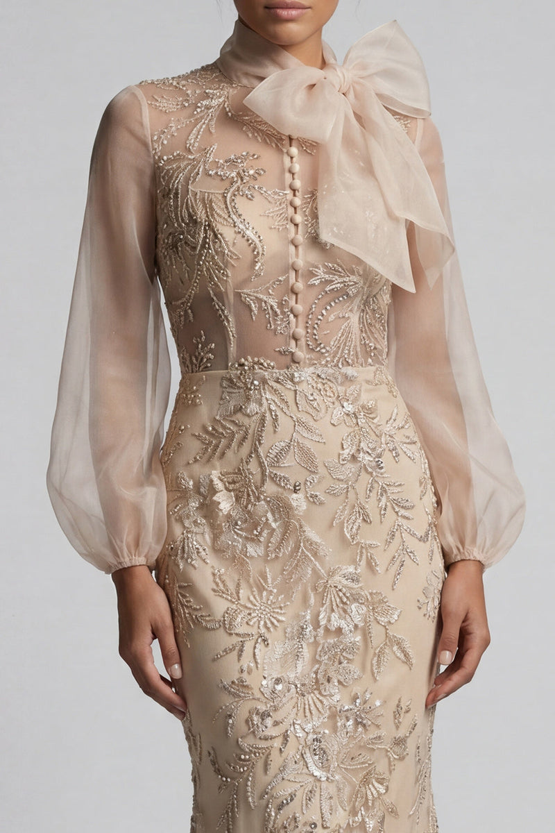 Load image into Gallery viewer, Sparkly Long Beaded Floral Mermaid Champagne Mother of the Bride Dress with Bow