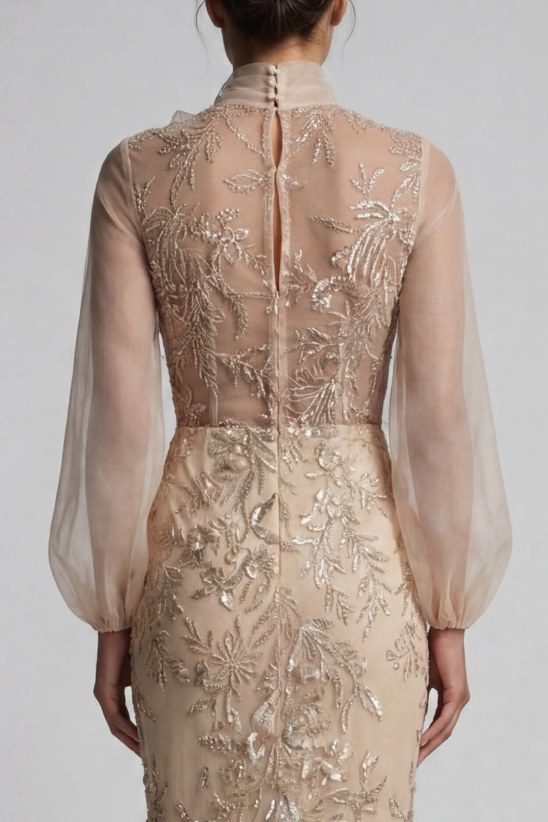 Load image into Gallery viewer, Sparkly Long Beaded Floral Mermaid Champagne Mother of the Bride Dress with Bow