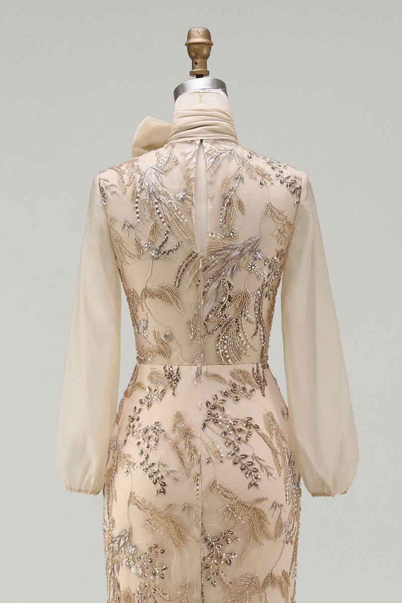 Load image into Gallery viewer, Sparkly Long Beaded Floral Mermaid Champagne Mother of the Bride Dress with Bow