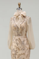 Load image into Gallery viewer, Sparkly Long Beaded Floral Mermaid Champagne Mother of the Bride Dress with Bow