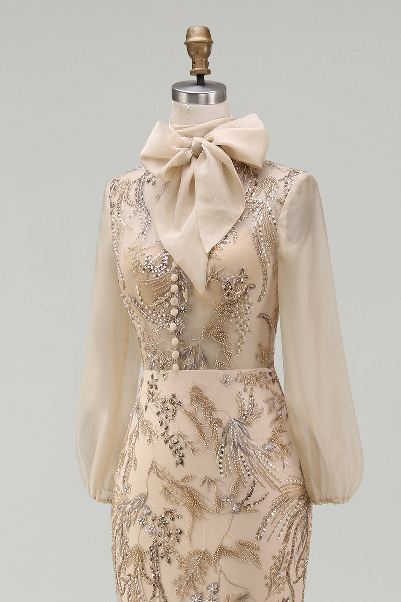 Load image into Gallery viewer, Sparkly Long Beaded Floral Mermaid Champagne Mother of the Bride Dress with Bow