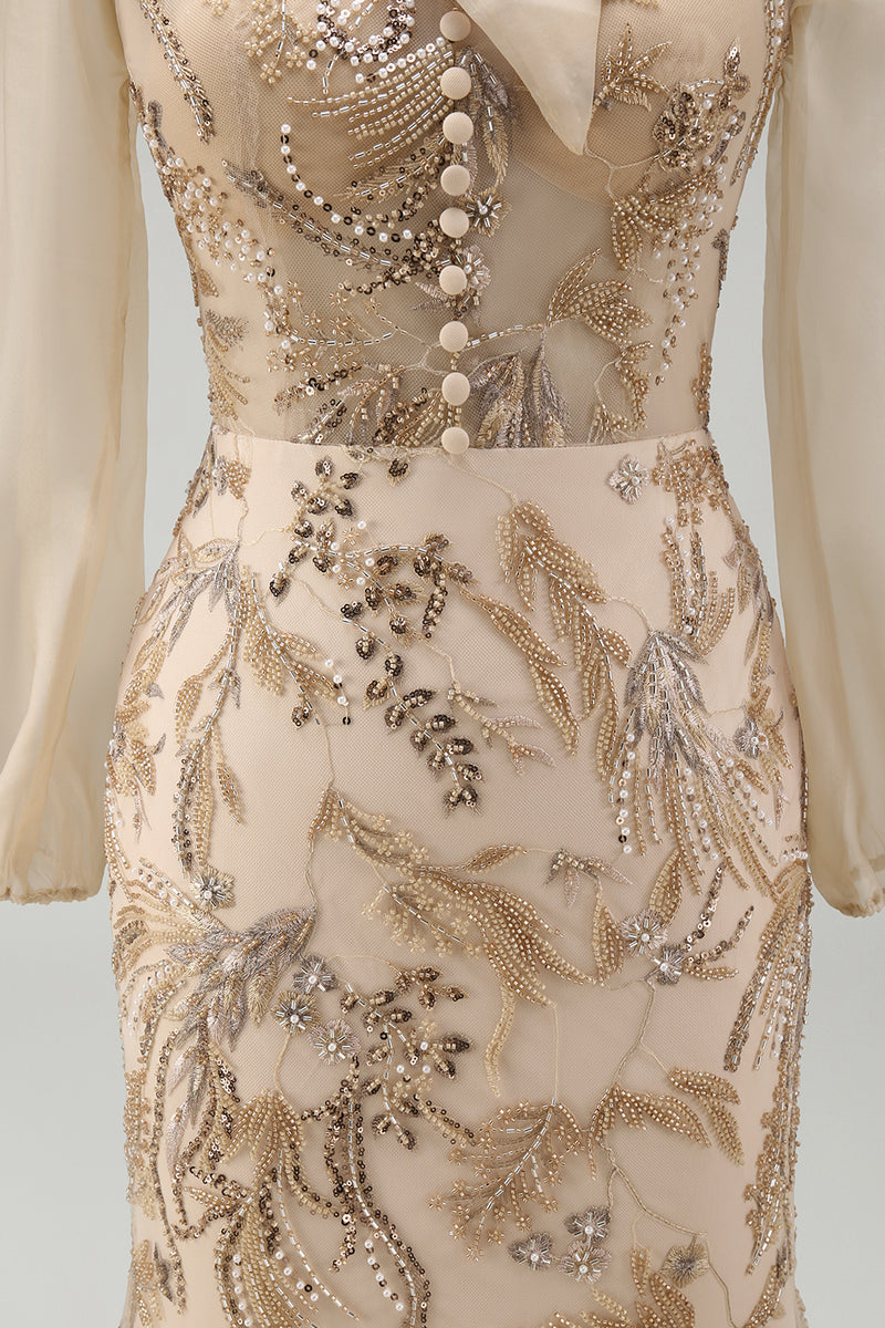 Load image into Gallery viewer, Sparkly Long Beaded Floral Mermaid Champagne Mother of the Bride Dress with Bow