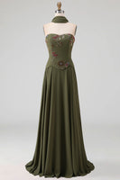 Load image into Gallery viewer, Strapless Olive Floral A Line Basque Wasit Long Mother of the Bride Dress with Beading
