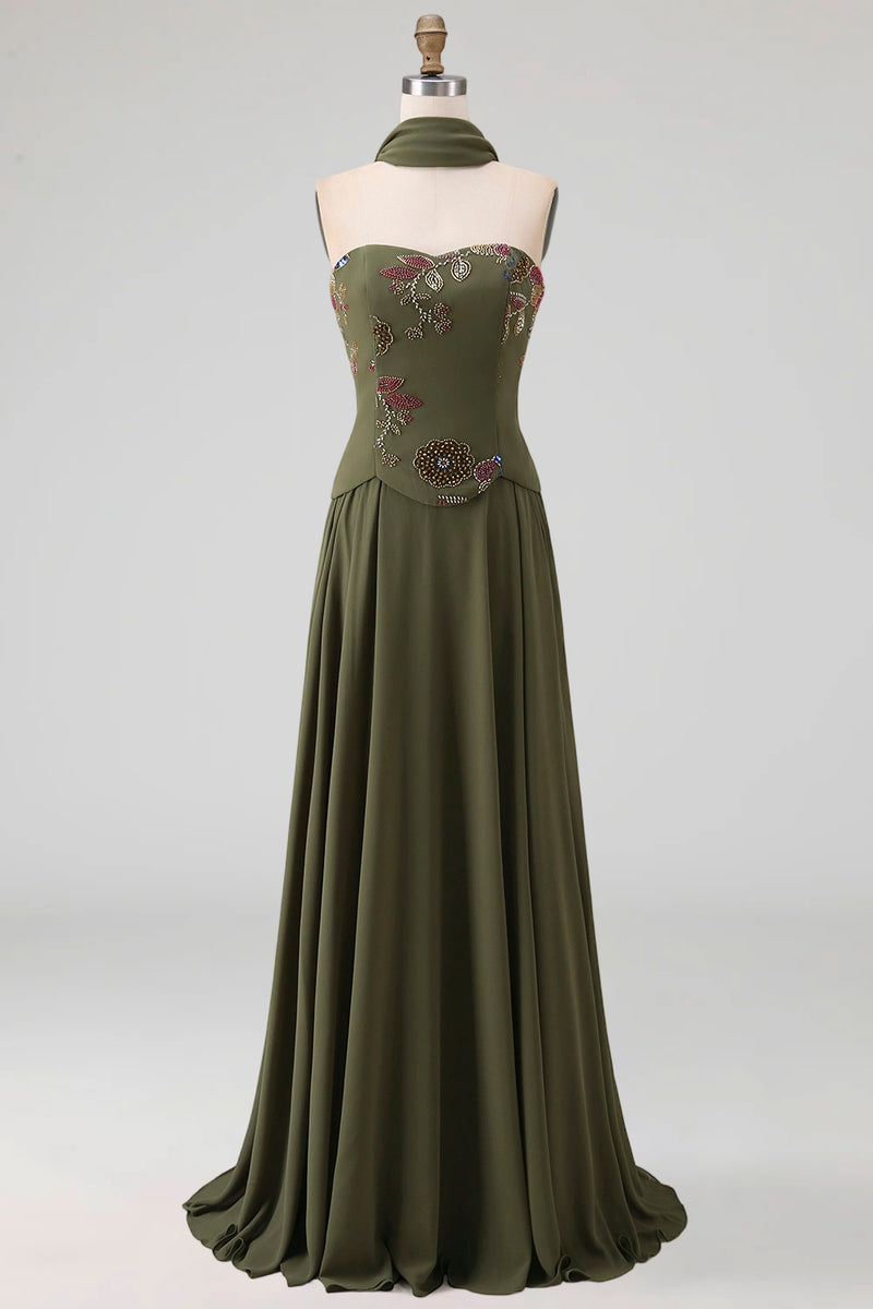Load image into Gallery viewer, Strapless Olive Floral A Line Basque Wasit Long Mother of the Bride Dress with Beading
