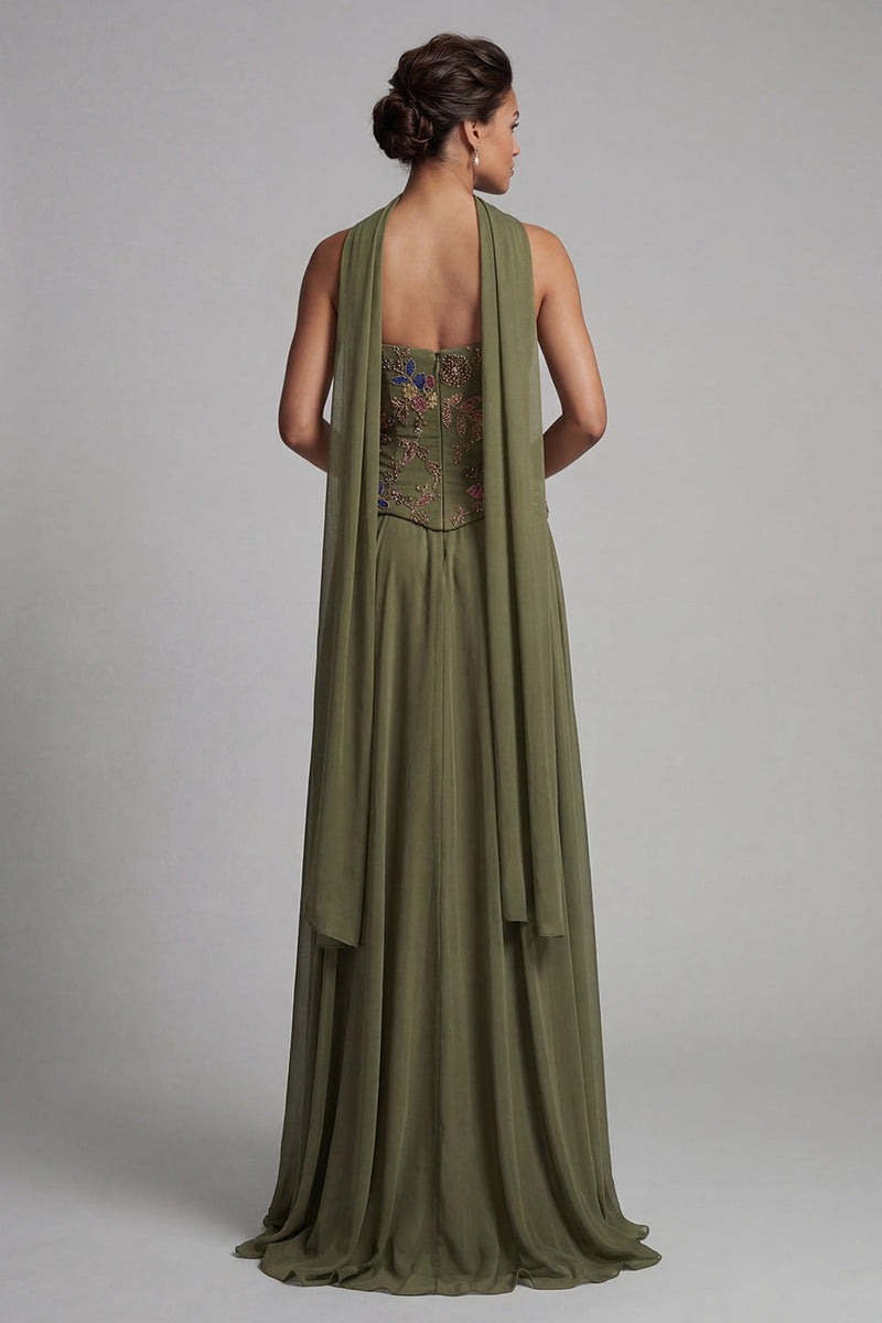 Load image into Gallery viewer, Strapless Olive Floral A Line Basque Wasit Long Mother of the Bride Dress with Beading