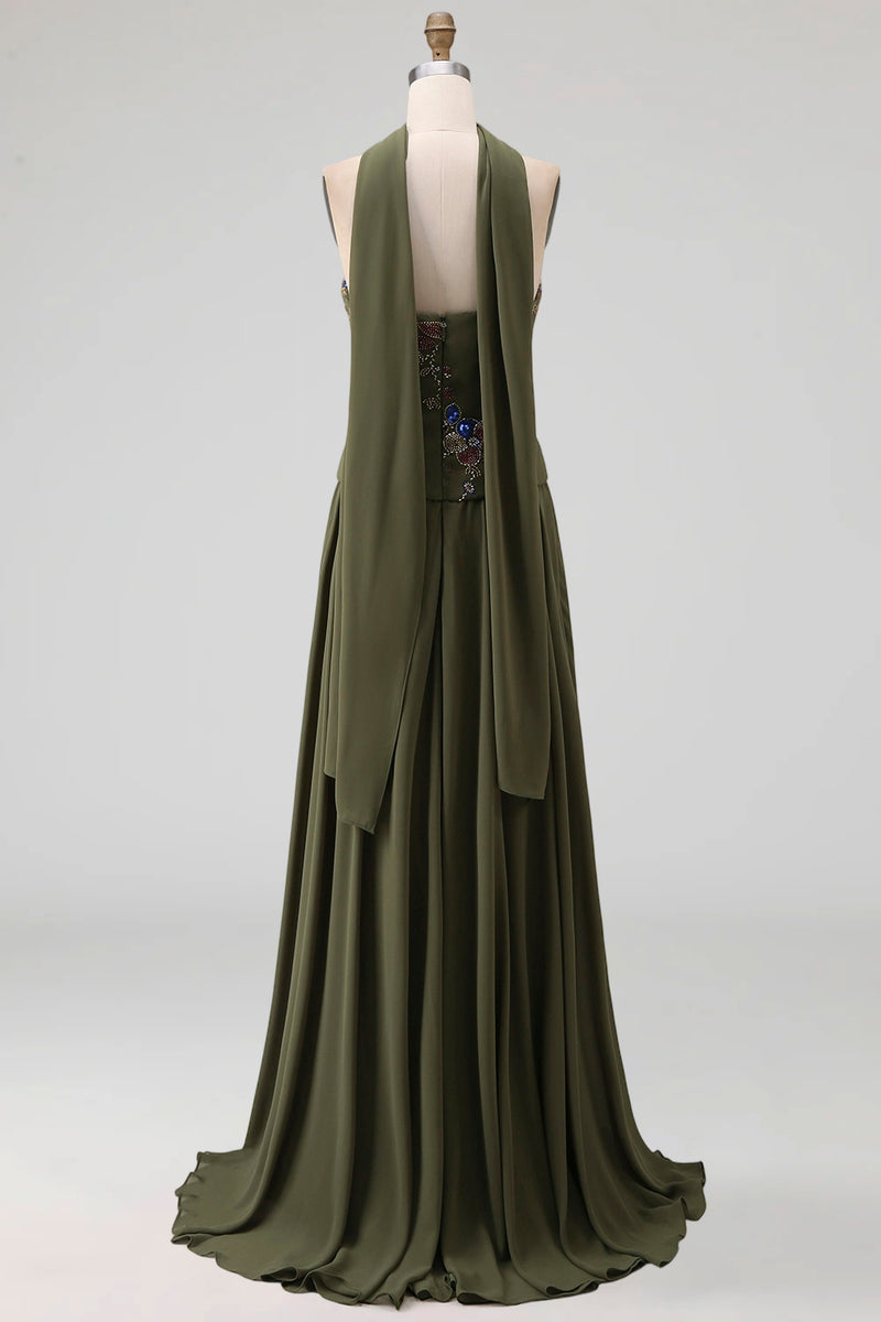 Load image into Gallery viewer, Strapless Olive Floral A Line Basque Wasit Long Mother of the Bride Dress with Beading
