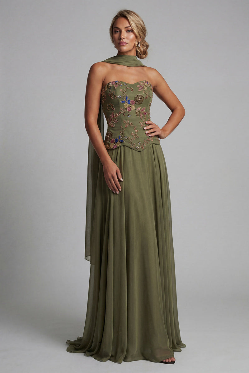 Load image into Gallery viewer, Strapless Olive Floral A Line Basque Wasit Long Mother of the Bride Dress with Beading