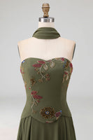 Load image into Gallery viewer, Strapless Olive Floral A Line Basque Wasit Long Mother of the Bride Dress with Beading