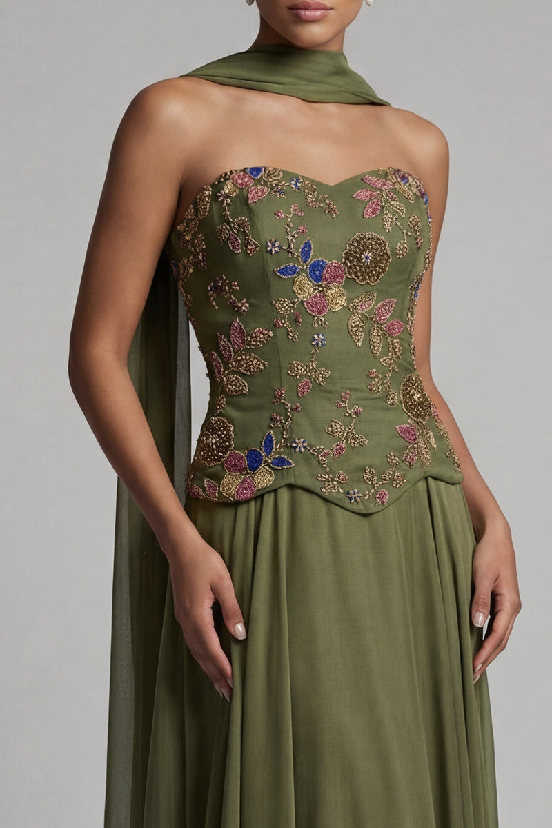 Load image into Gallery viewer, Strapless Olive Floral A Line Basque Wasit Long Mother of the Bride Dress with Beading