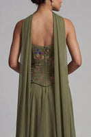 Load image into Gallery viewer, Strapless Olive Floral A Line Basque Wasit Long Mother of the Bride Dress with Beading