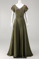 Load image into Gallery viewer, Ruffled V-Neck Olive Beaded Floral Mother of the Bride Jumpsuits with Cape