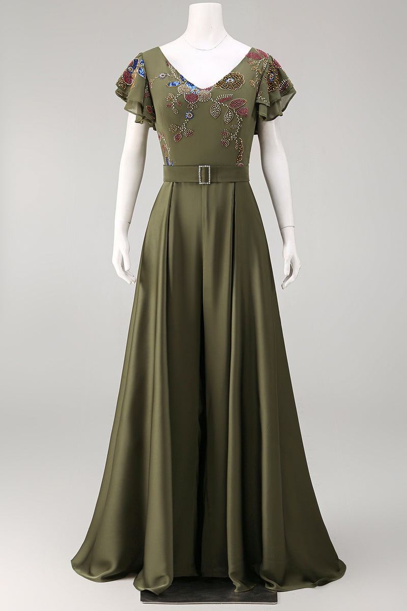 Load image into Gallery viewer, Ruffled V-Neck Olive Beaded Floral Mother of the Bride Jumpsuits with Cape