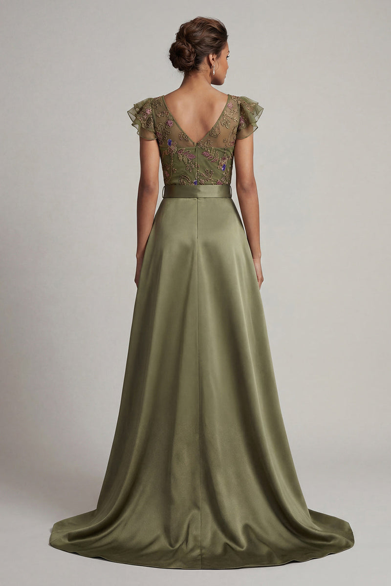 Load image into Gallery viewer, Ruffled V-Neck Olive Beaded Floral Mother of the Bride Jumpsuits with Cape