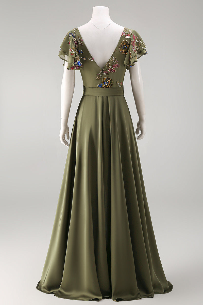Load image into Gallery viewer, Ruffled V-Neck Olive Beaded Floral Mother of the Bride Jumpsuits with Cape