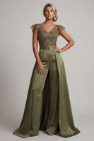 Load image into Gallery viewer, Ruffled V-Neck Olive Beaded Floral Mother of the Bride Jumpsuits with Cape