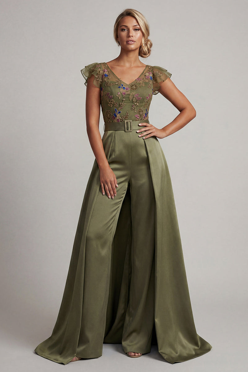 Load image into Gallery viewer, Ruffled V-Neck Olive Beaded Floral Mother of the Bride Jumpsuits with Cape