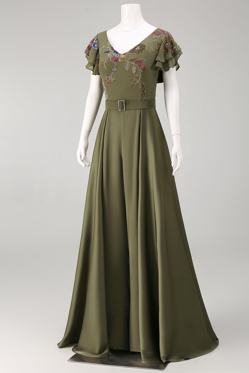 Load image into Gallery viewer, Ruffled V-Neck Olive Beaded Floral Mother of the Bride Jumpsuits with Cape