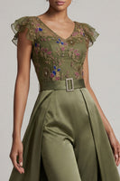 Load image into Gallery viewer, Ruffled V-Neck Olive Beaded Floral Mother of the Bride Jumpsuits with Cape