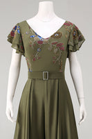 Load image into Gallery viewer, Ruffled V-Neck Olive Beaded Floral Mother of the Bride Jumpsuits with Cape