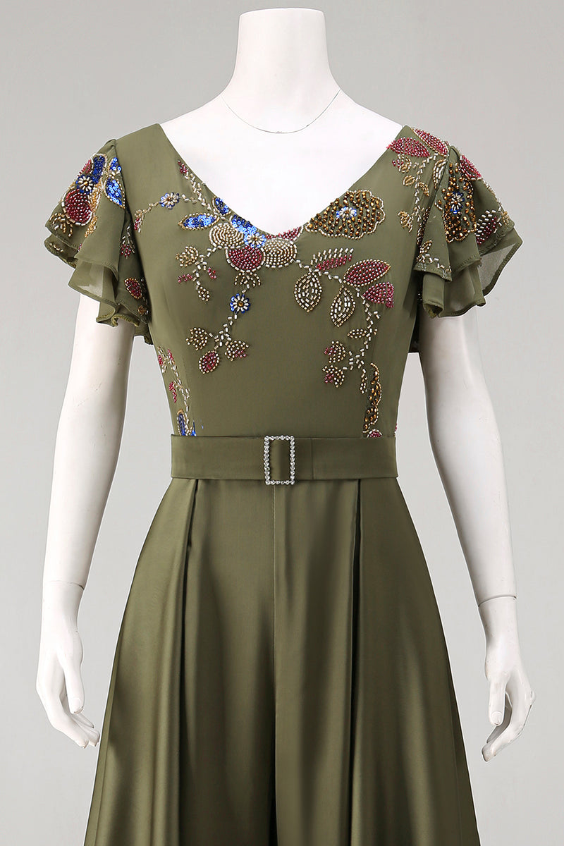 Load image into Gallery viewer, Ruffled V-Neck Olive Beaded Floral Mother of the Bride Jumpsuits with Cape