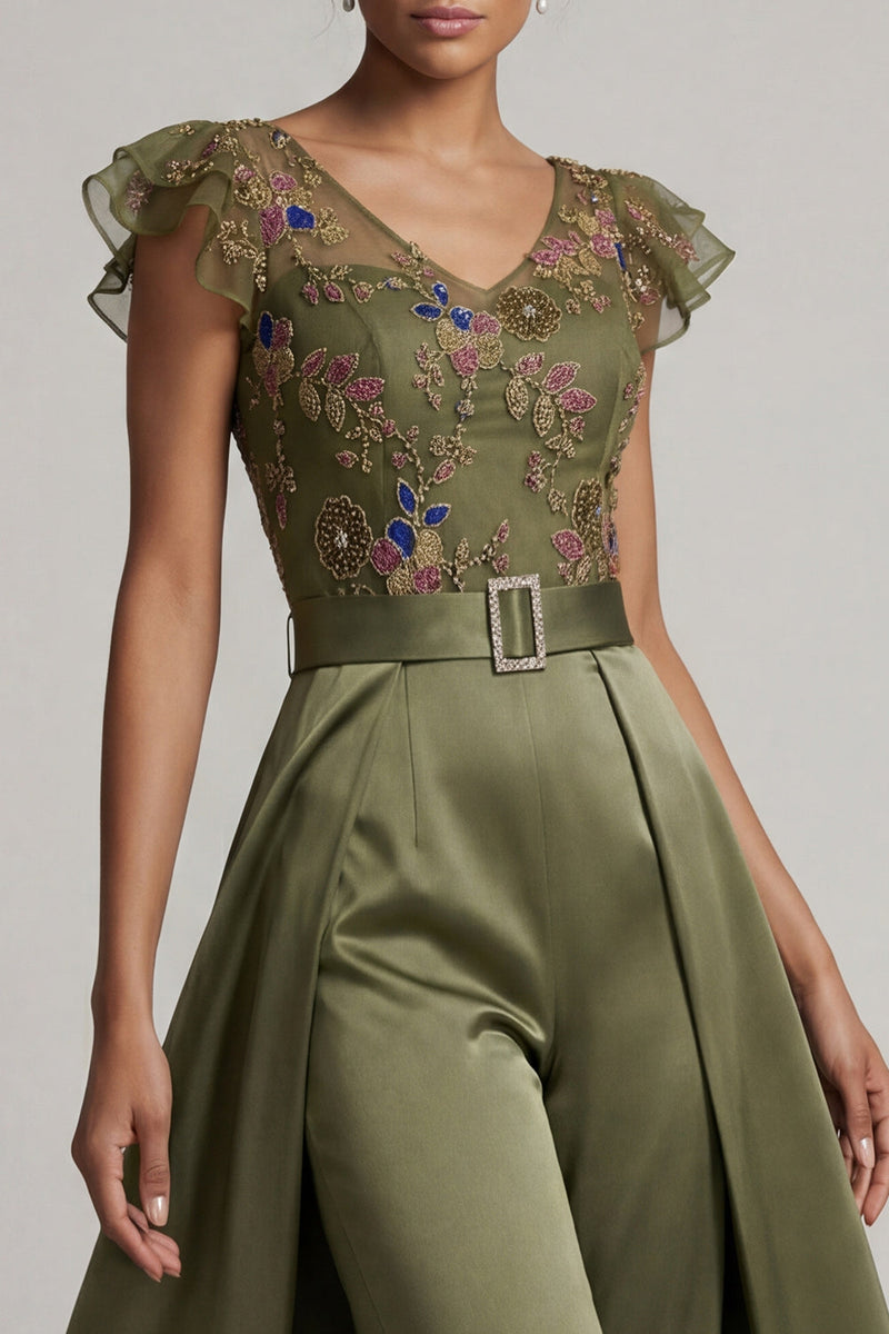 Load image into Gallery viewer, Ruffled V-Neck Olive Beaded Floral Mother of the Bride Jumpsuits with Cape