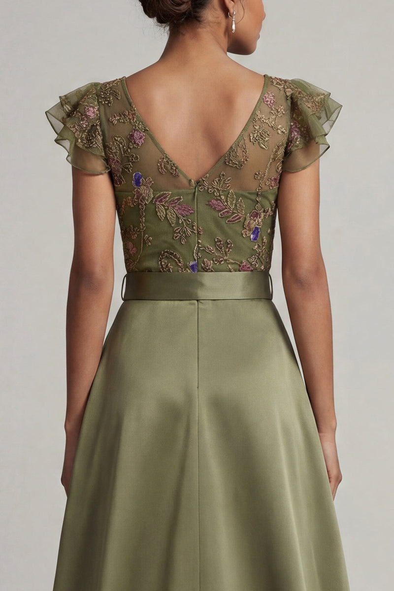 Load image into Gallery viewer, Ruffled V-Neck Olive Beaded Floral Mother of the Bride Jumpsuits with Cape